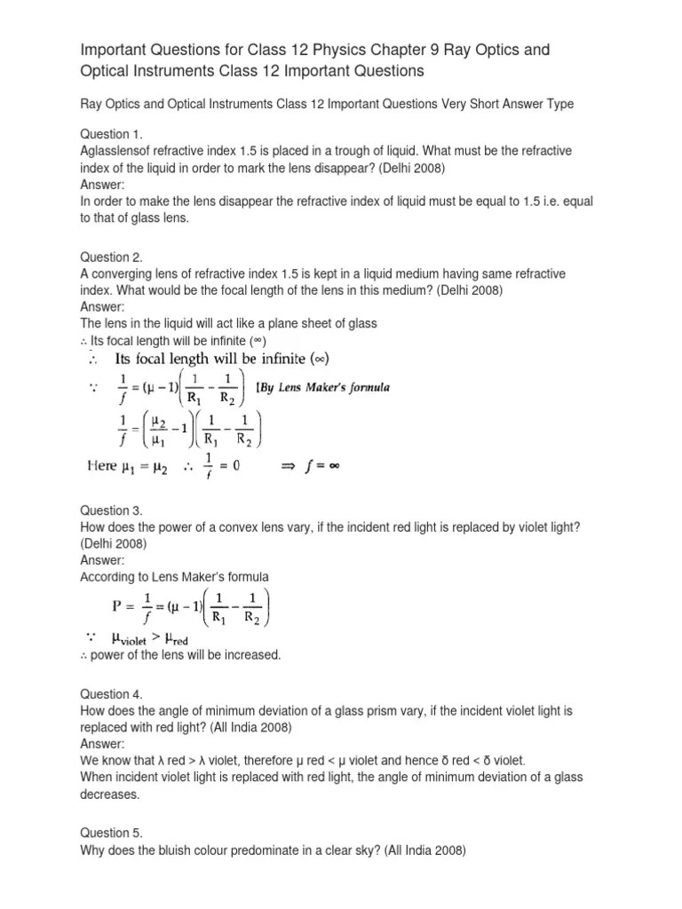 Important Questions For Class 12 Physics Chapter 9 Ray Optics and