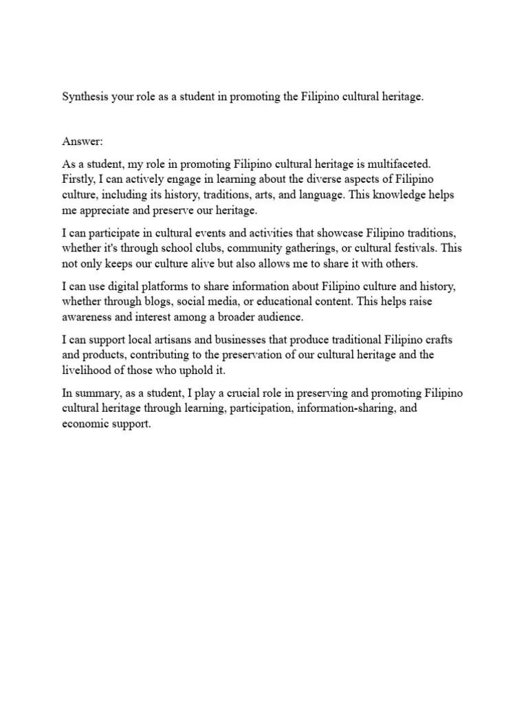 Synthesis your role as a student in promoting the Filipino cultural