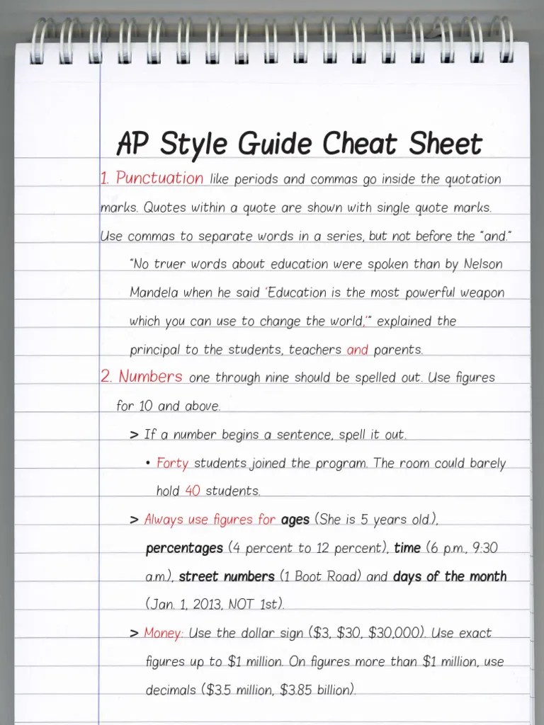 AP Style Cheat Sheet PDF Comma Language Mechanics