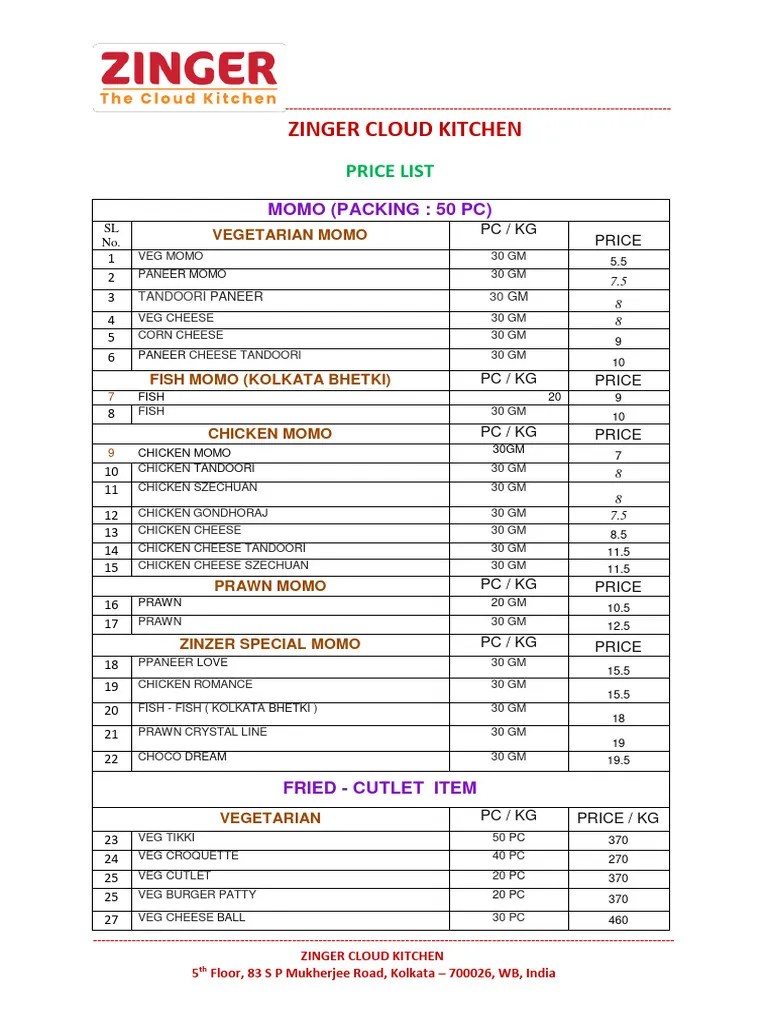 Zinger Price List PDF