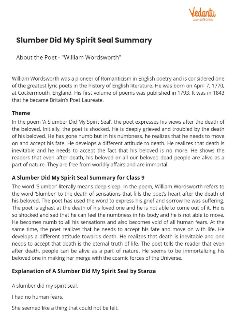 Slumber Did My Spirit Seal Summary PDF