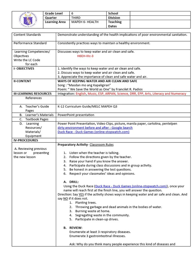 Cot Health 6 q3 Lesson Plan PDF