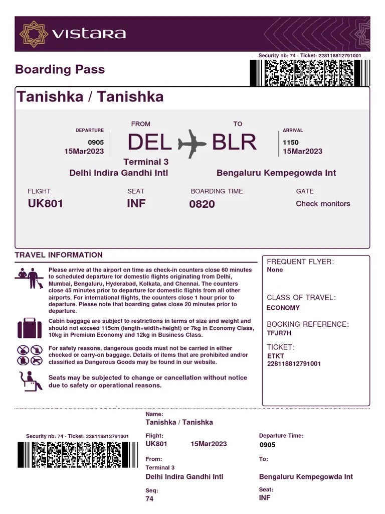 Vistara Boarding Pass Download Free PDF Airport Business Class