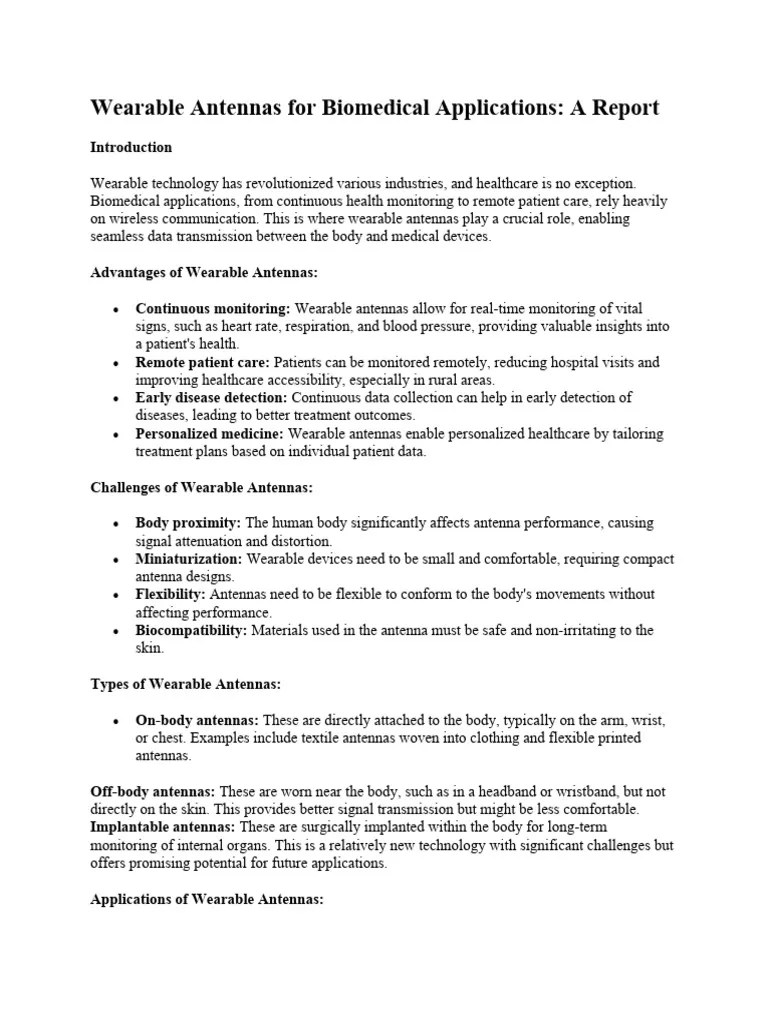 Antennas For Biomedical Applications A Report PDF Wearable