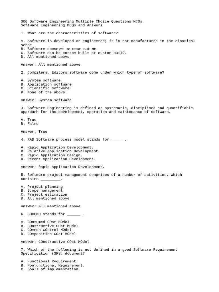 300 Software Engineering Multiple Choice Questions MCQs PDF