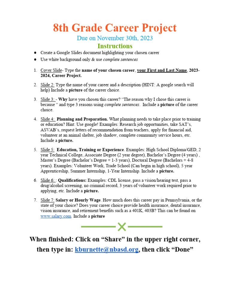 8th Grade Career Project Guidelines PDF