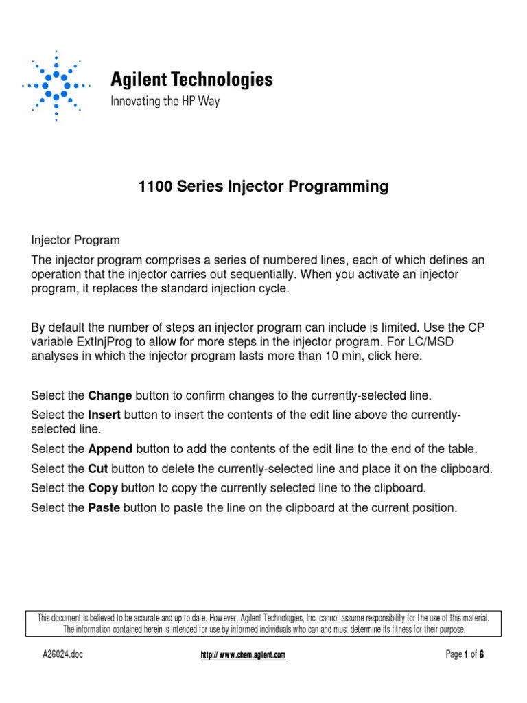Agilent 1100 Injector PDF Parameter Programming) Syringe
