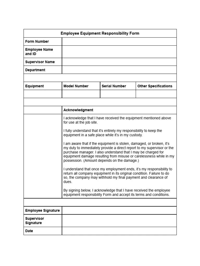 Employee Equipment Responsibility Form Template | PDF