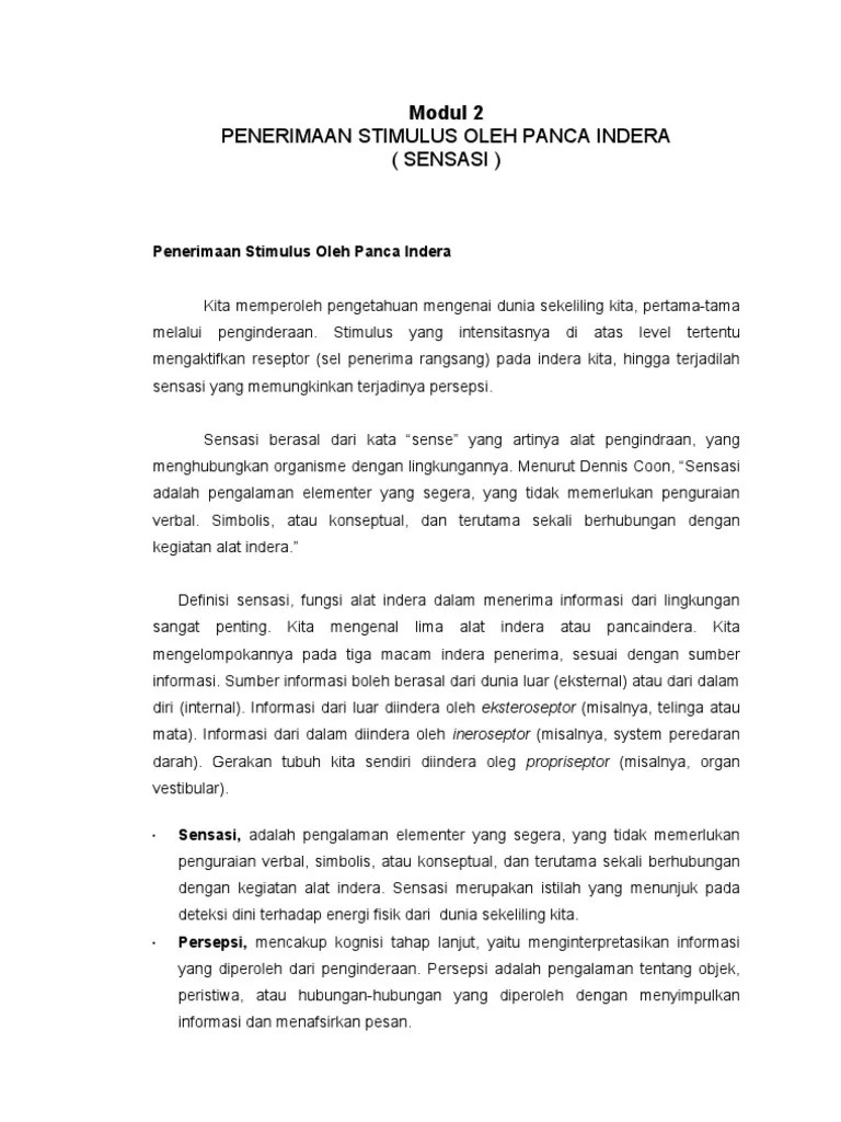 Penerimaan Stimulus Oleh Panca Indera (Sensasi) : Modul 2 | PDF