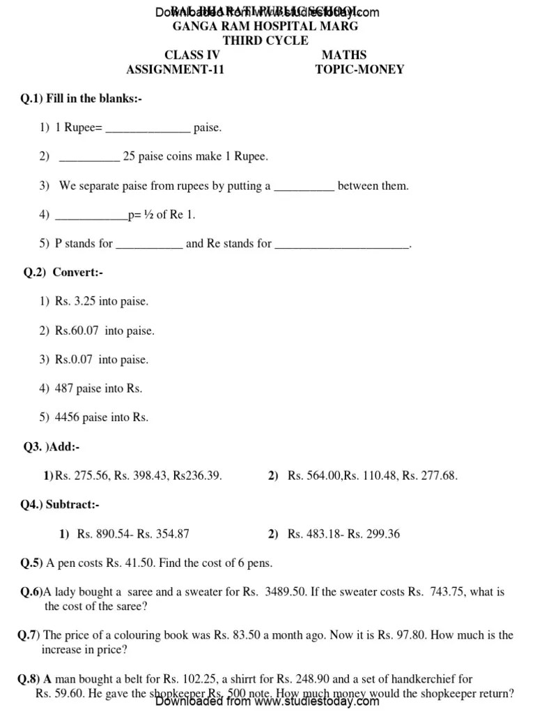 CBSE Class 4 Maths Revision Worksheet PDF