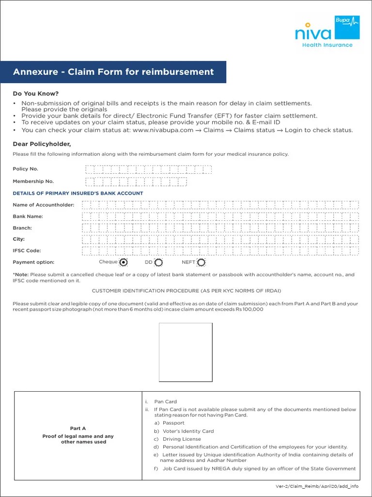 Niva Bupa Reimbursement Claim Additionaldocument PDF