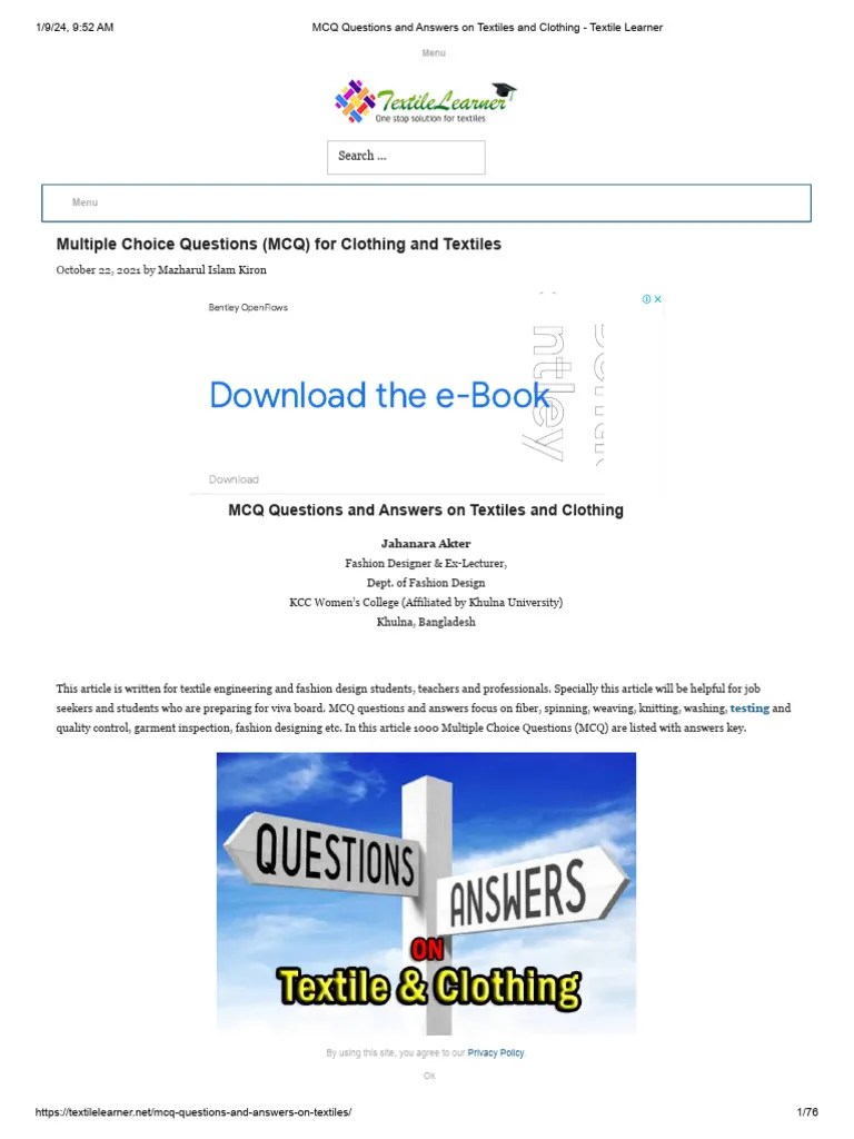 MCQ Questions and Answers On Textiles and Clothing Textile Learner
