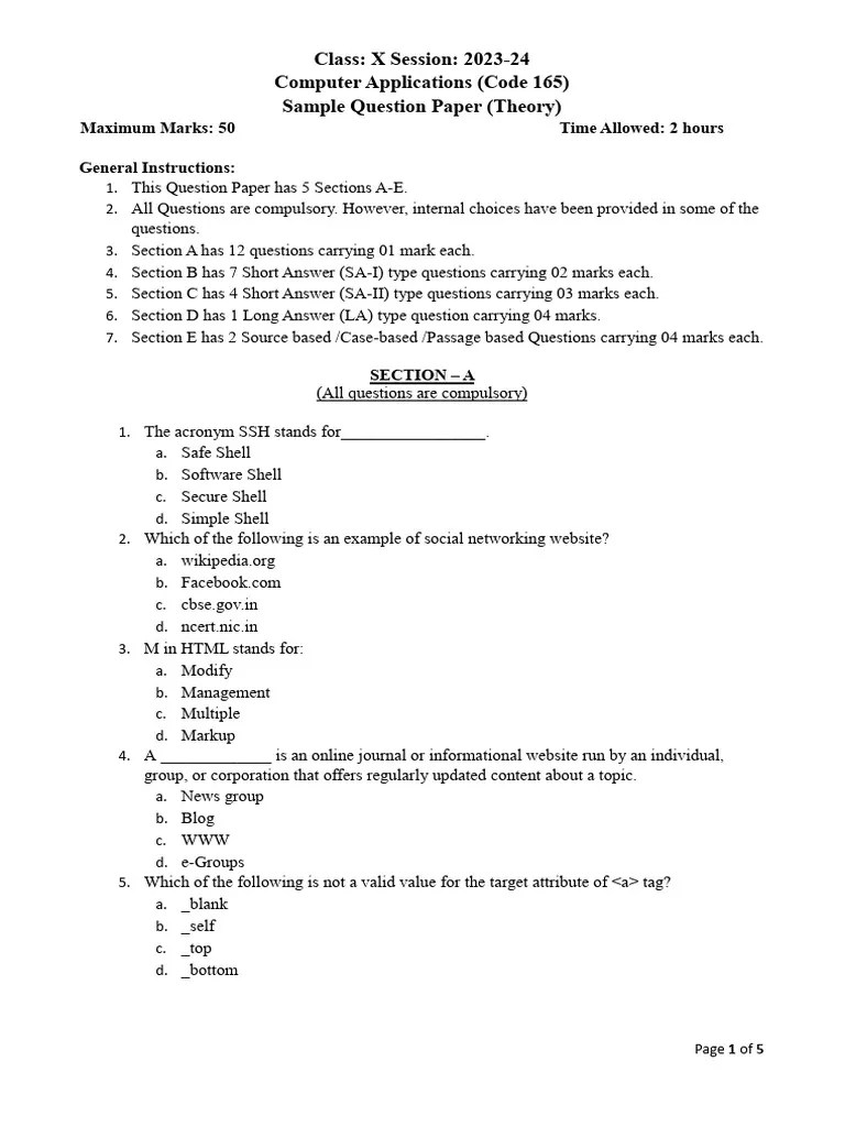 Computer Paper Class 10 PDF