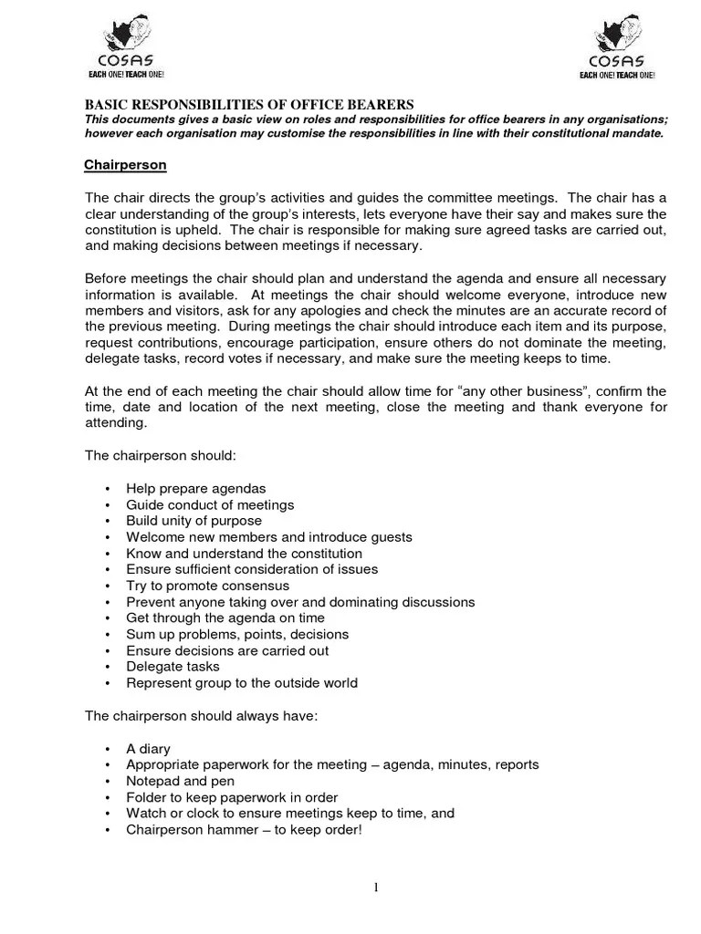 BASIC RESPONSIBILITIES OF OFFICE BEARERS PDF
