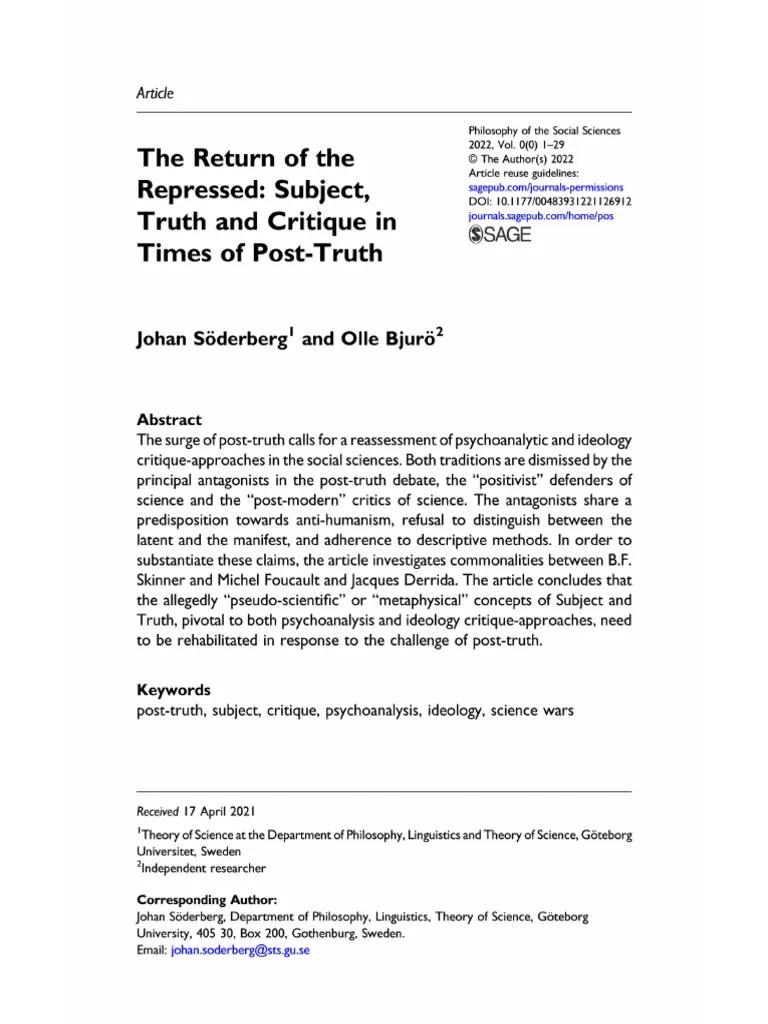 The Return of The Repressed Subject, Truth and Critique in Times of