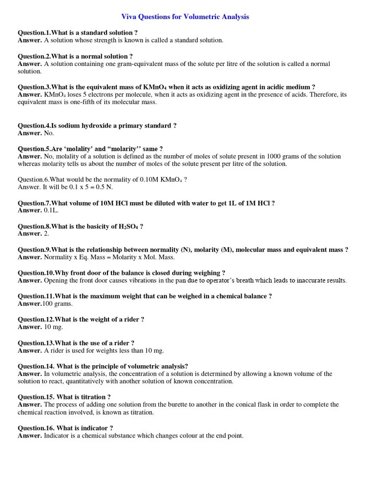 Viva Questions Chemistry PDF Chemistry Titration