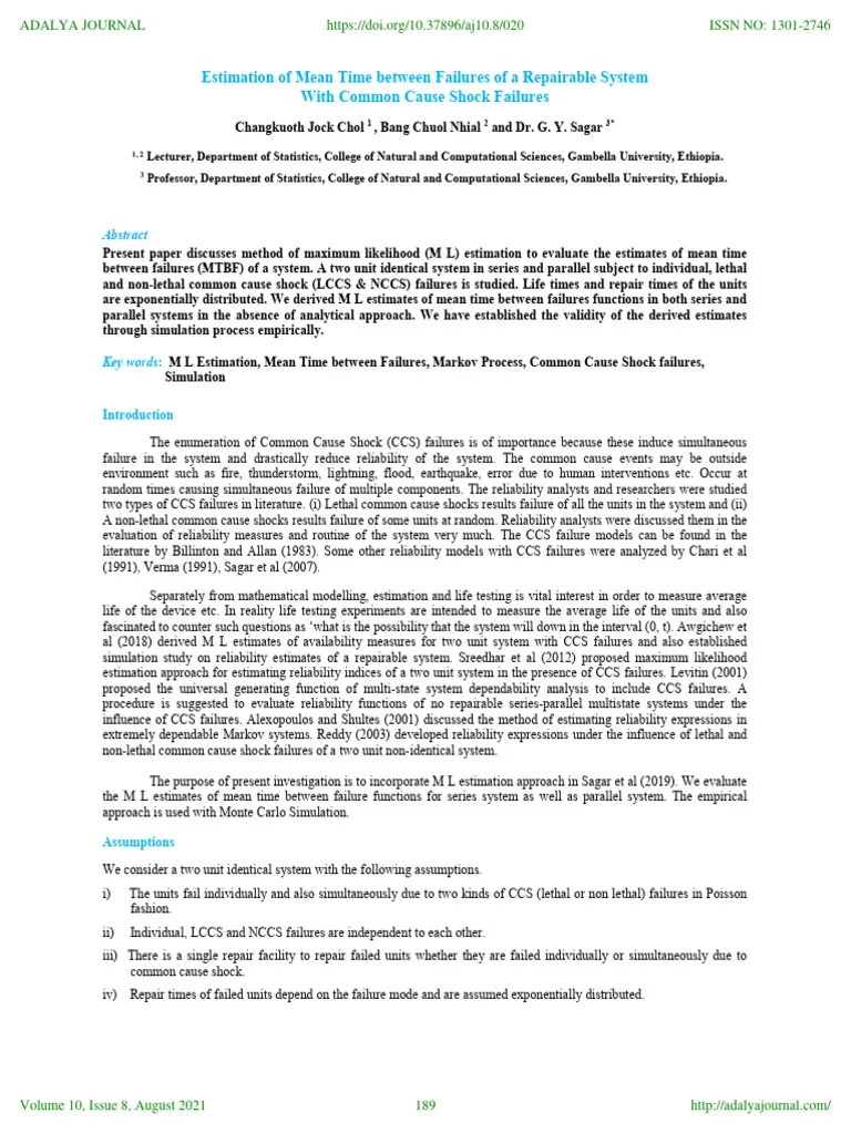 Estimation of Mean Time Between Failures PDF Reliability