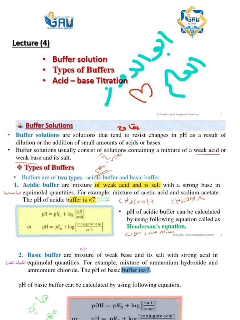 lec. 4 buffer solution and titration PDF Chemistry Titration