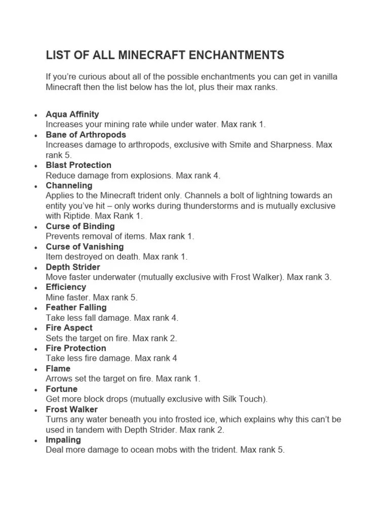 List of All Minecraft Enchantments PDF