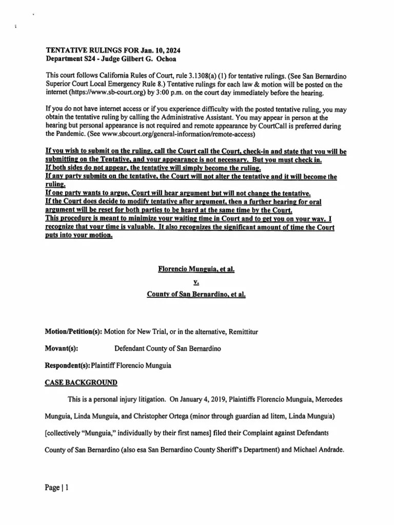 Tentative ruling in Florencio Munguia v. County of San Bernardino PDF
