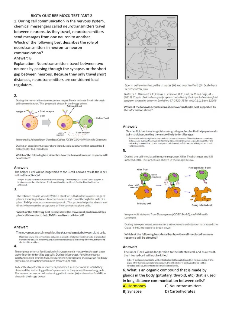 BIOTA QUIZ BEE MOCK TEST PART 3 Key PDF Cell Signaling Signal