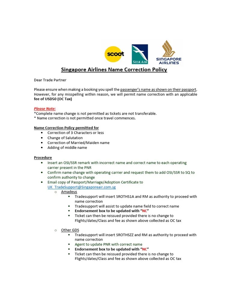Singapore Airlines Name Correction Policy PDF