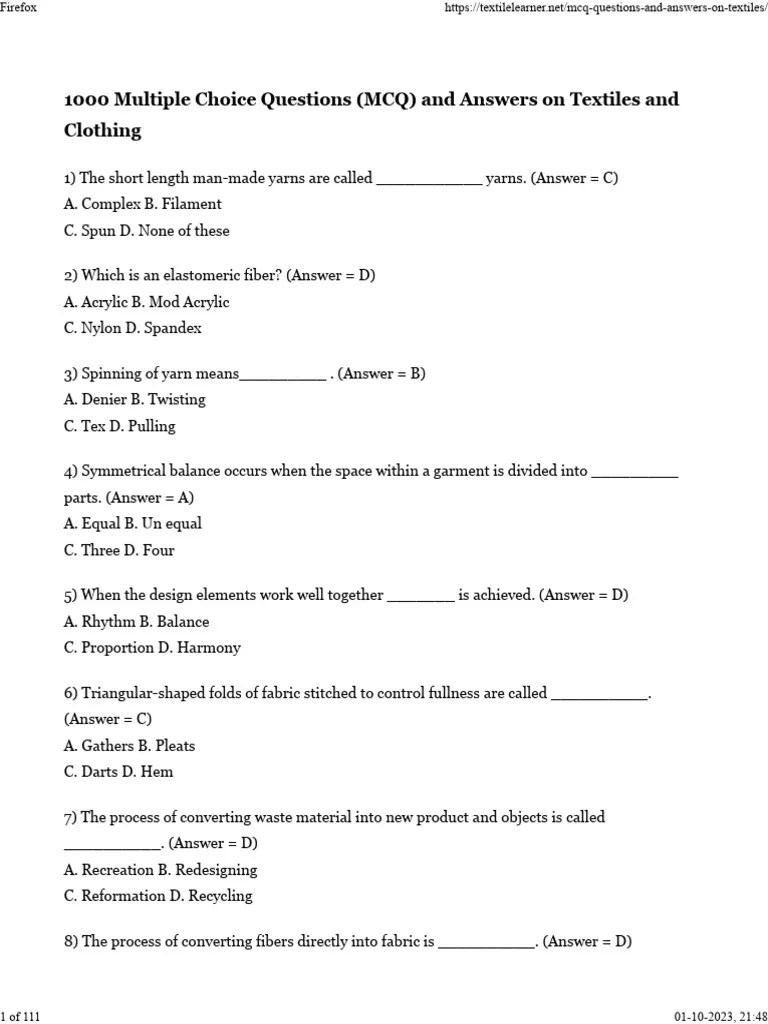 MCQ Questions and Answers On Textiles and Clothing Textile Learner