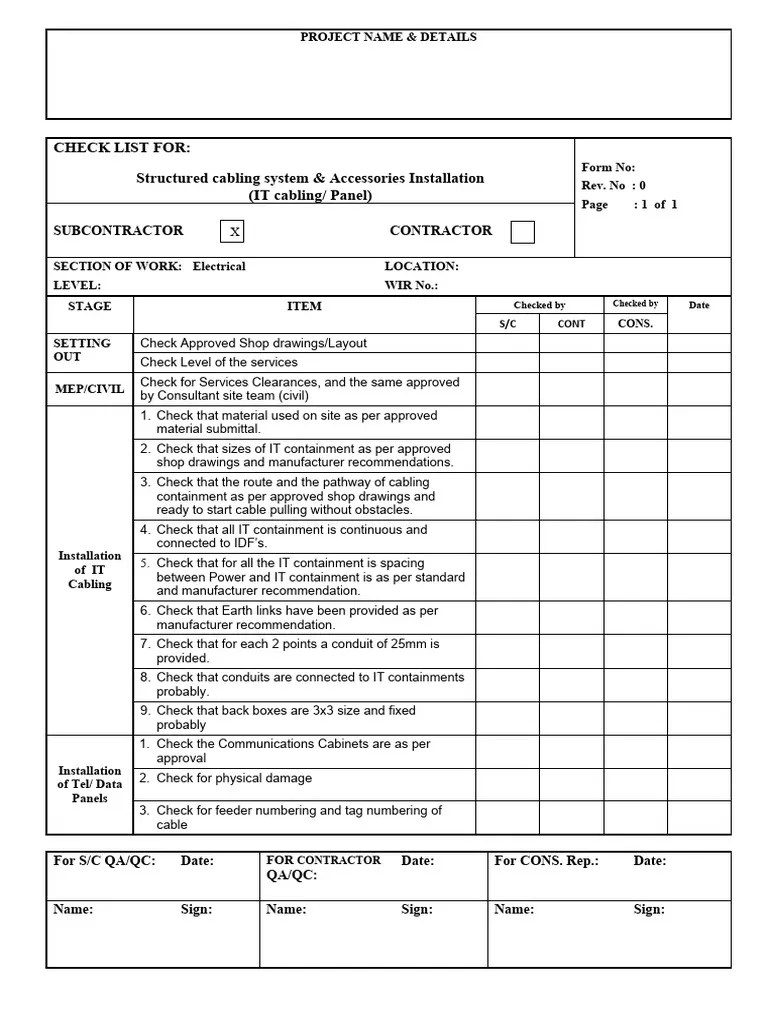 Checklist for Structured Cabling System & Accessories Installation