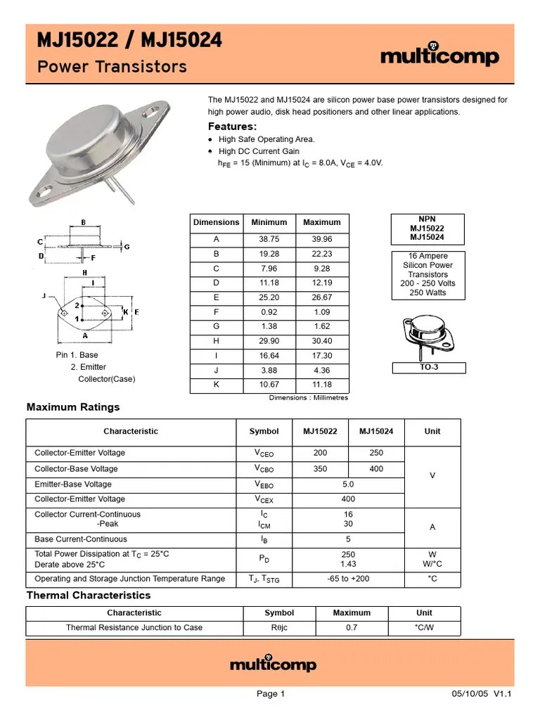 MJ15022 / MJ15024 Power Transistors PDF