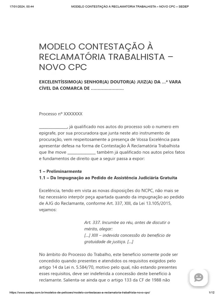 Modelo de Contestação Trabalhista NCPC PDF Hora extra Férias