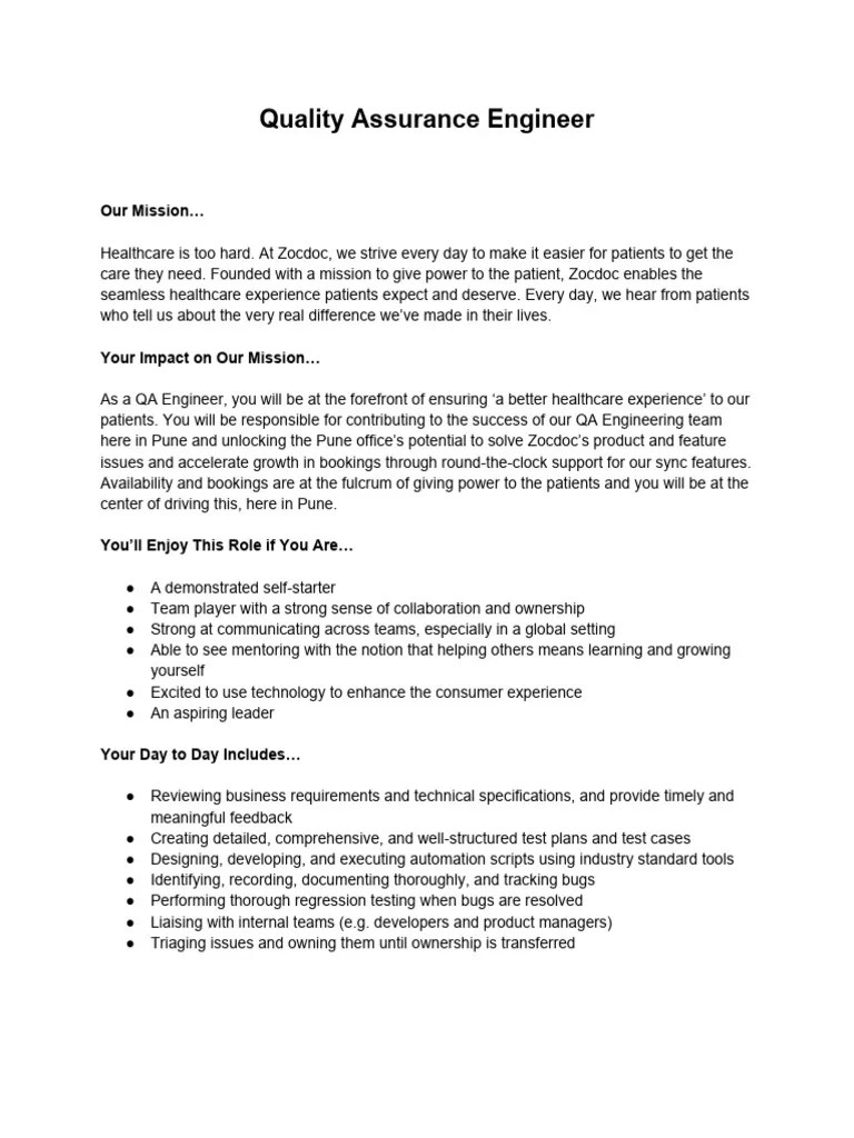 Quality Assurance Engineer Job Description PDF Quality Assurance