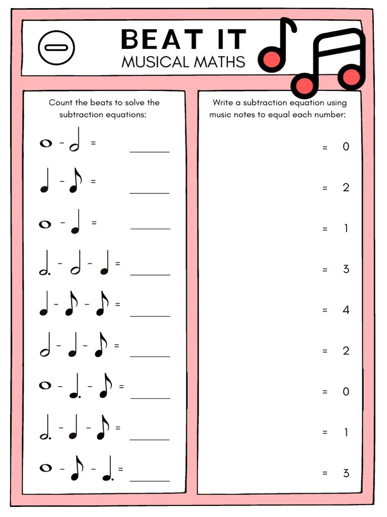 Music Maths Subtraction Worksheet PDF