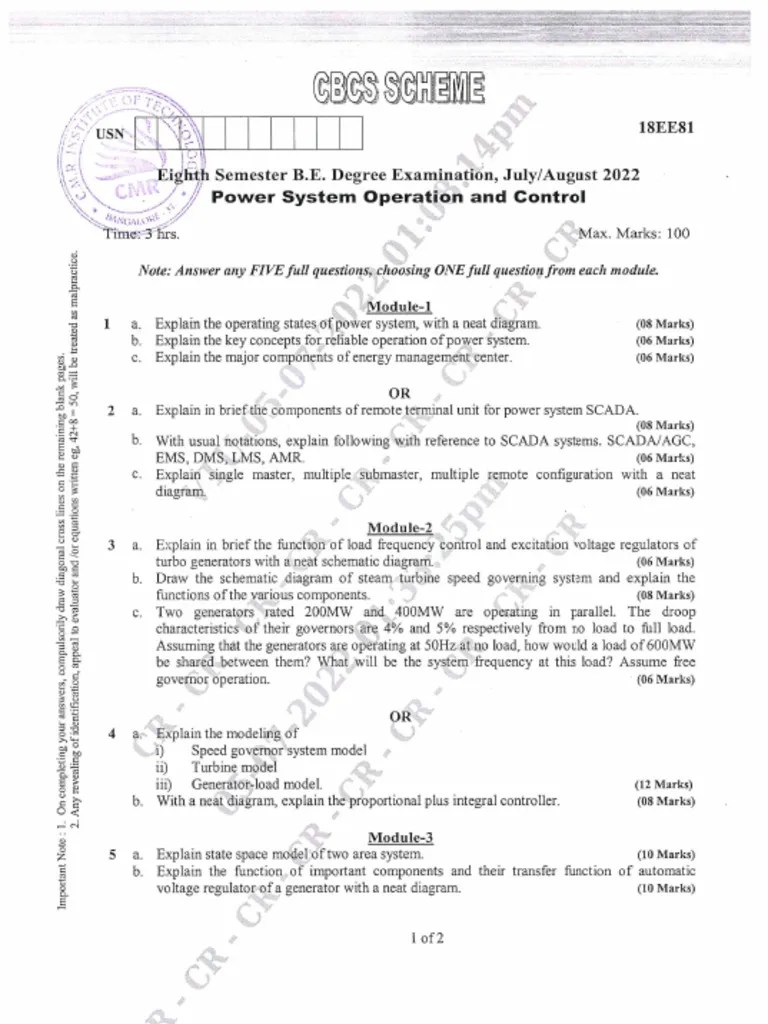 Share VTU Question Paper of 18EE81 Power System Operation and Control