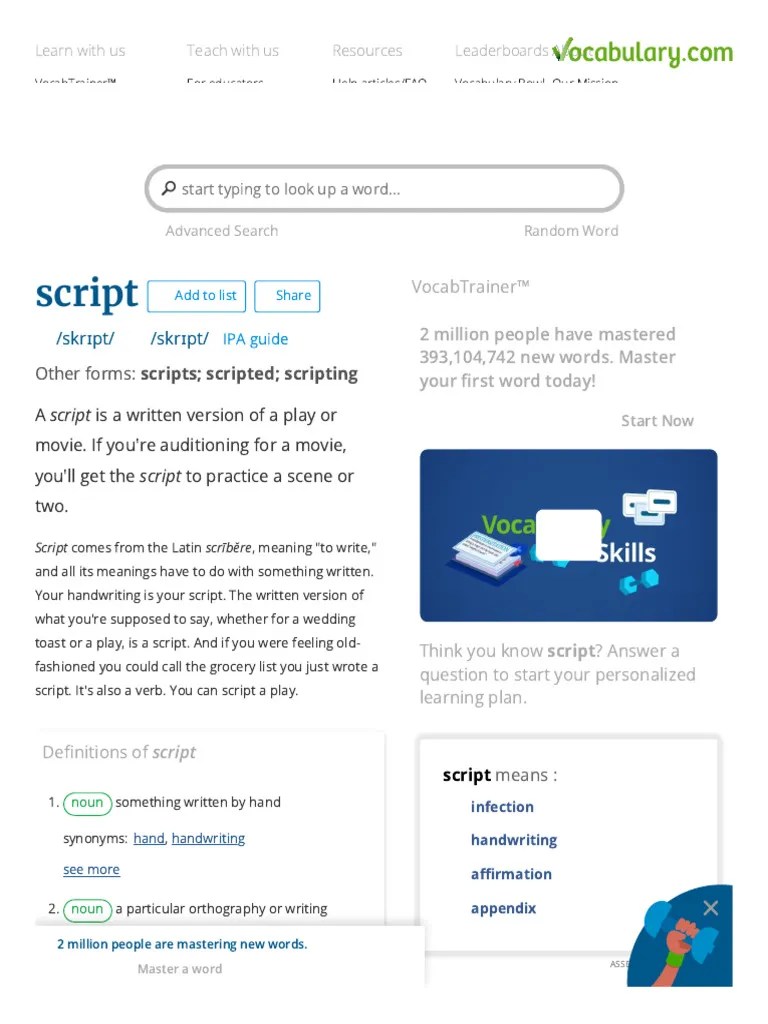 Script Definition, Meaning & Synonyms PDF Vocabulary English As