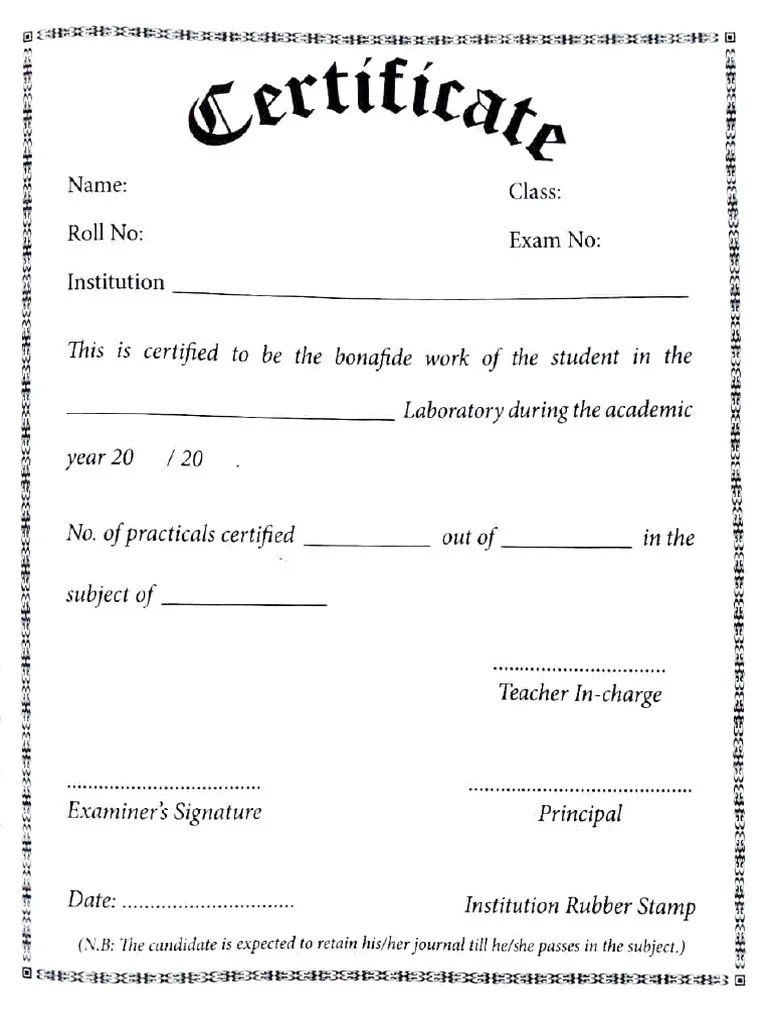 Blank Certificate Page of Practical Notebook PDF
