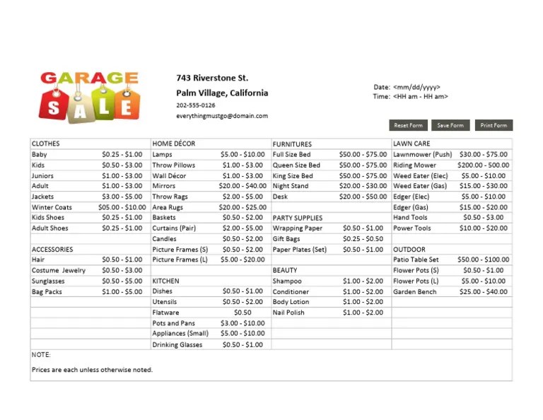 Garage Sale Price List Template TemplateLab PDF Consumer Goods