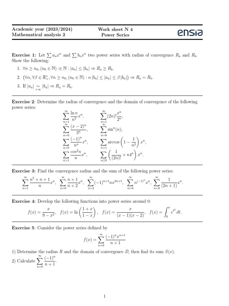 Worksheet Power Series PDF Power Series Mathematical Relations