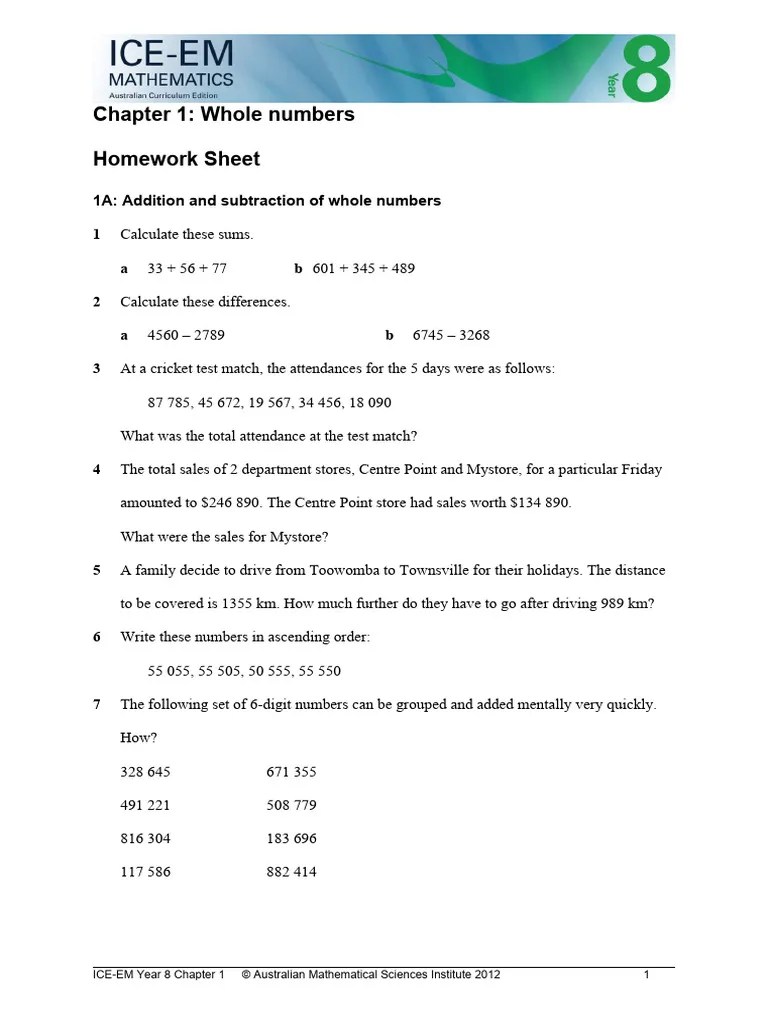 ICEEM Year 8 Homework Chapter 1A PDF Elementary Mathematics