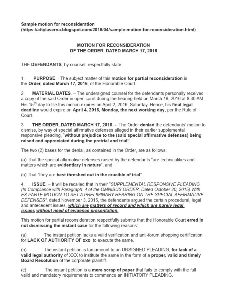 Motion For Reconsideration PDF Demurrer Pleading