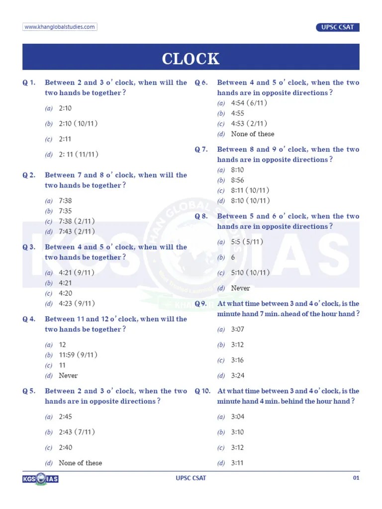 CSAT Clock Questions PDF Clock Spacetime