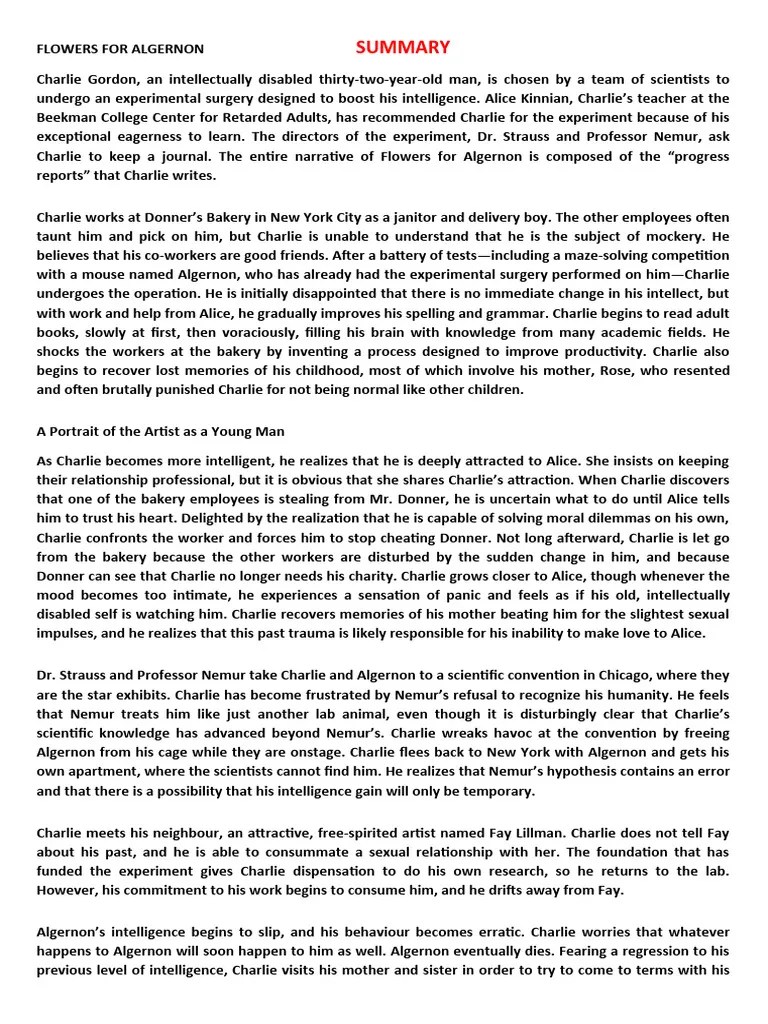 Summary of Flowers For Algernon PDF