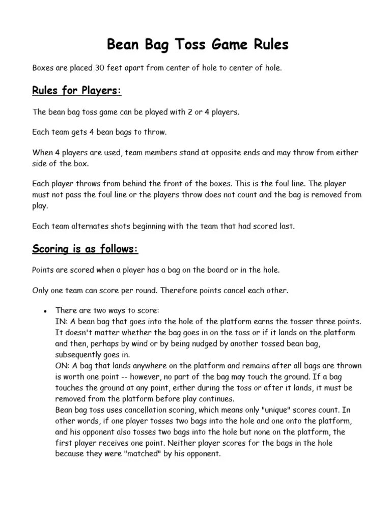 Bean Bag Toss Game Rules PDF Sports Athletic Sports