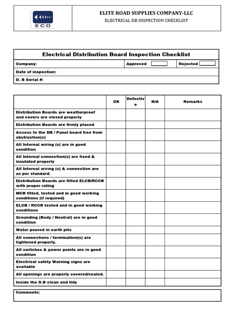 Electrical Distribution Board Inspection Checklist PDF