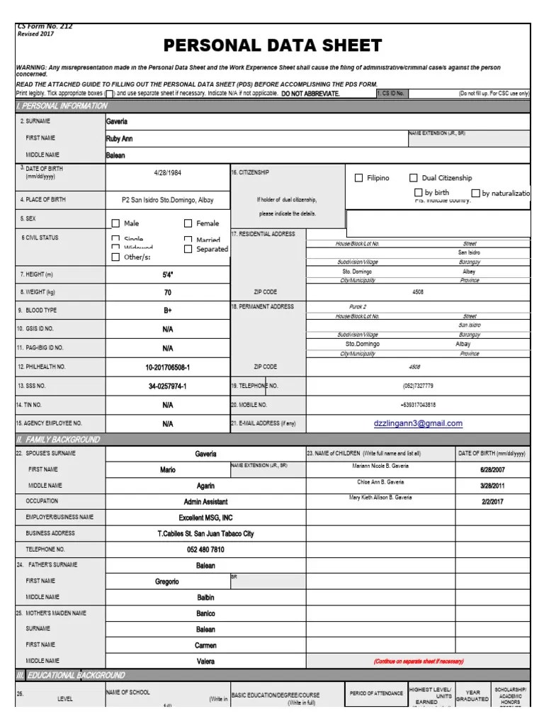 Cs Form No. 212 Revised Personal Data Sheet New 1 PDF Government