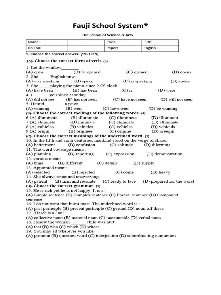 9 Class Final English Paper 2023 PDF Prophets And Messengers In Islam Noun