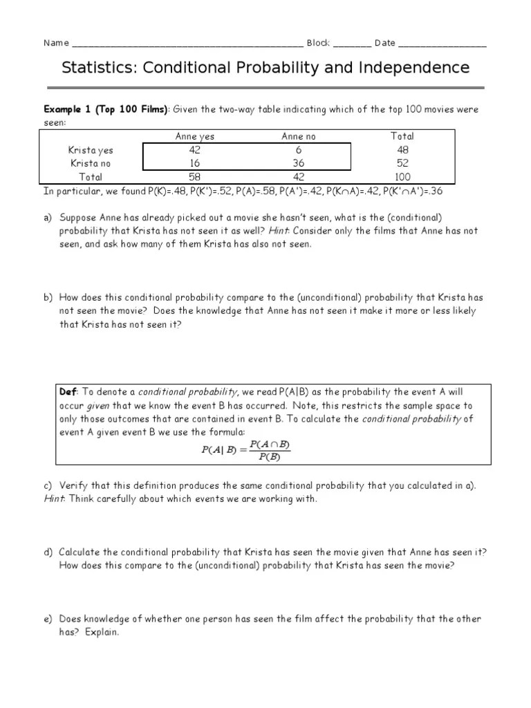 Conditional Probability Worksheet PDF Opinion Poll Primary Election