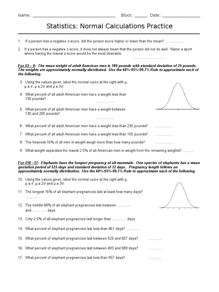 Normal Calculations Worksheet | PDF | Normal Distribution | Standard