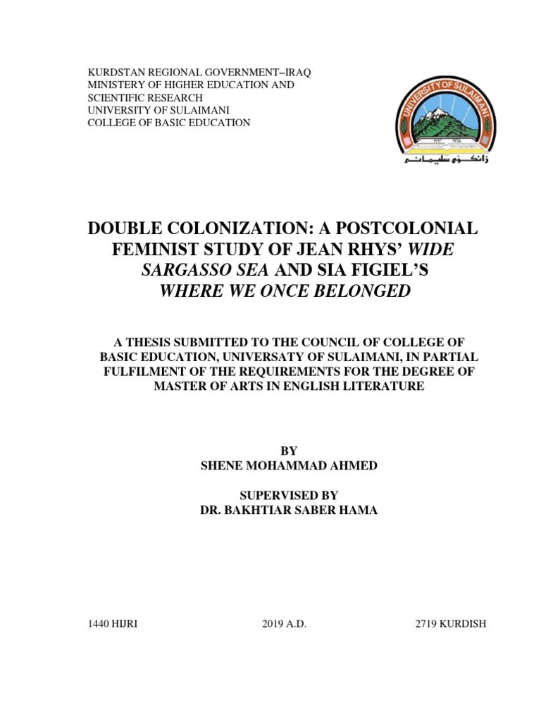 Double Colonization A Postcolonial Feminist Study of Jean Rhys' Wide