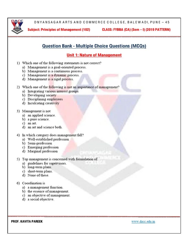 Principle of Management MCQ PDF