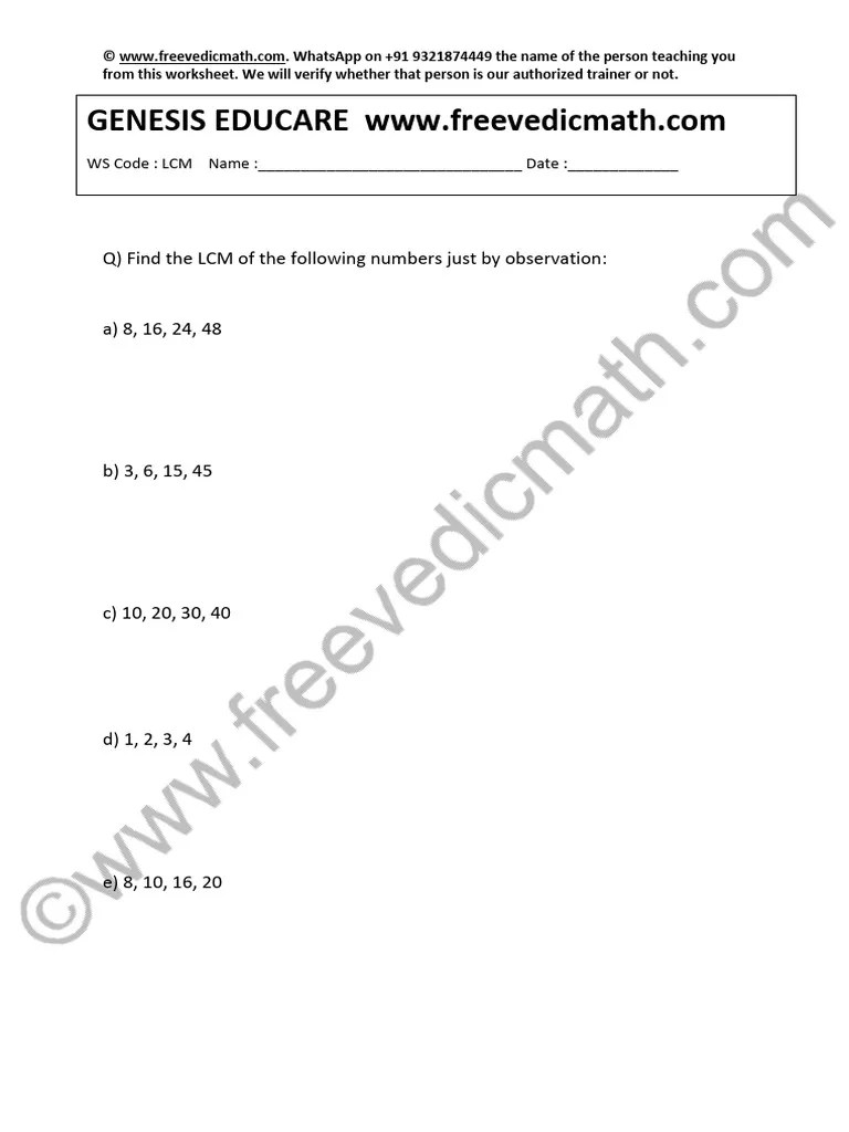 Vedic Math Worksheet 21 LCM PDF